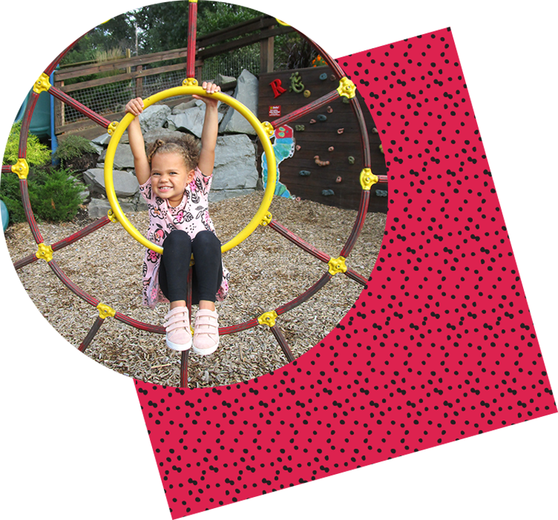 Girl playing outside with dot pattern texture behind image